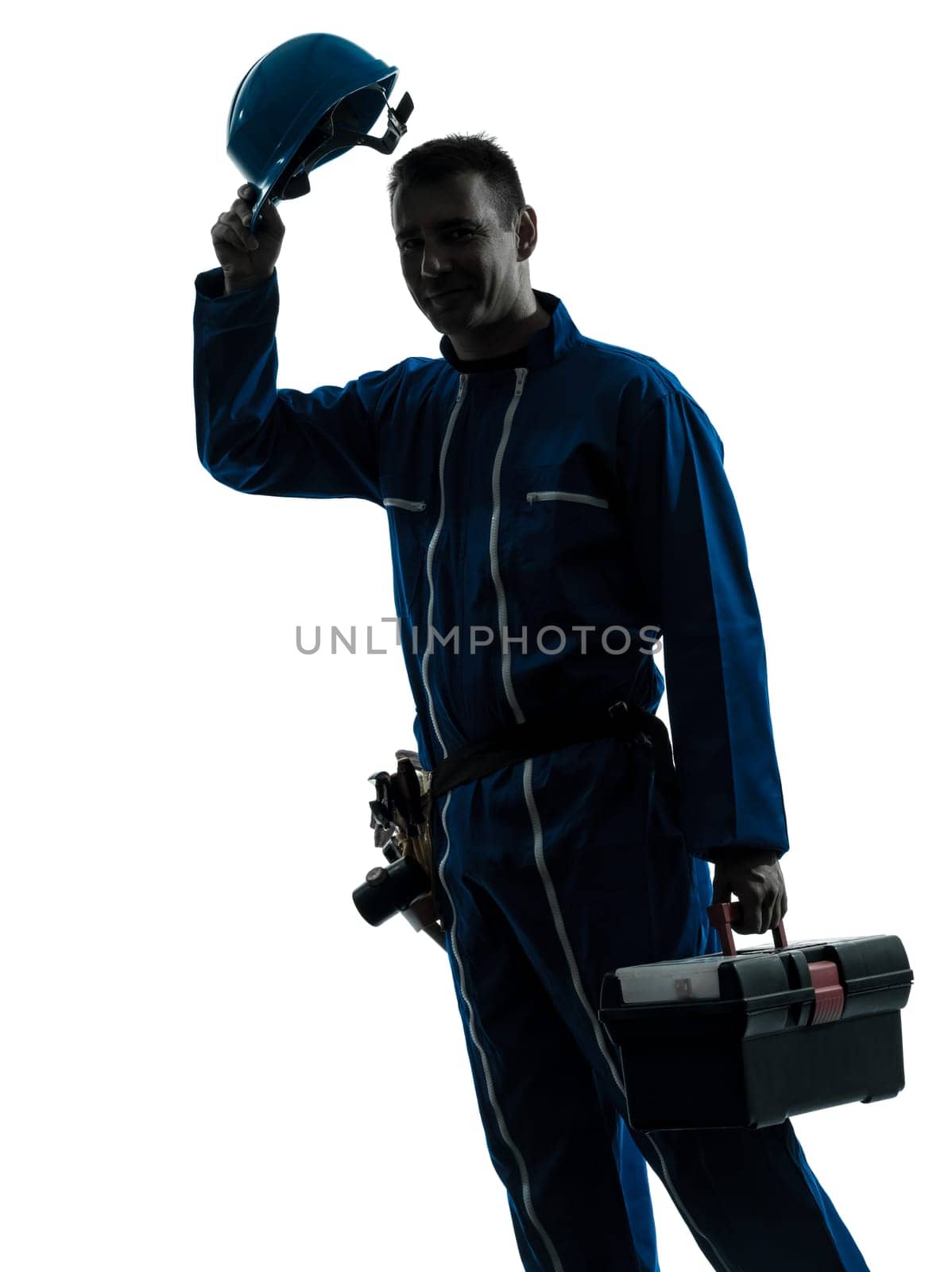 one caucasian repairman worker salutingsilhouette in studio on white background