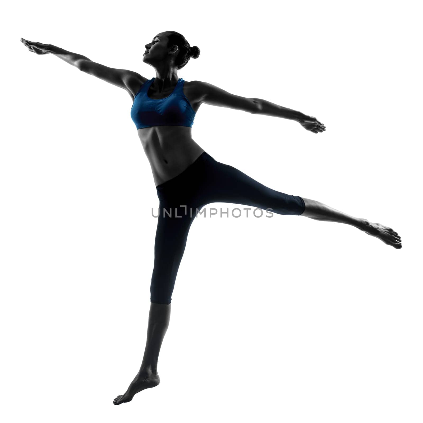 one caucasian woman exercising jumping stretching dancing in silhouette studio isolated on white background