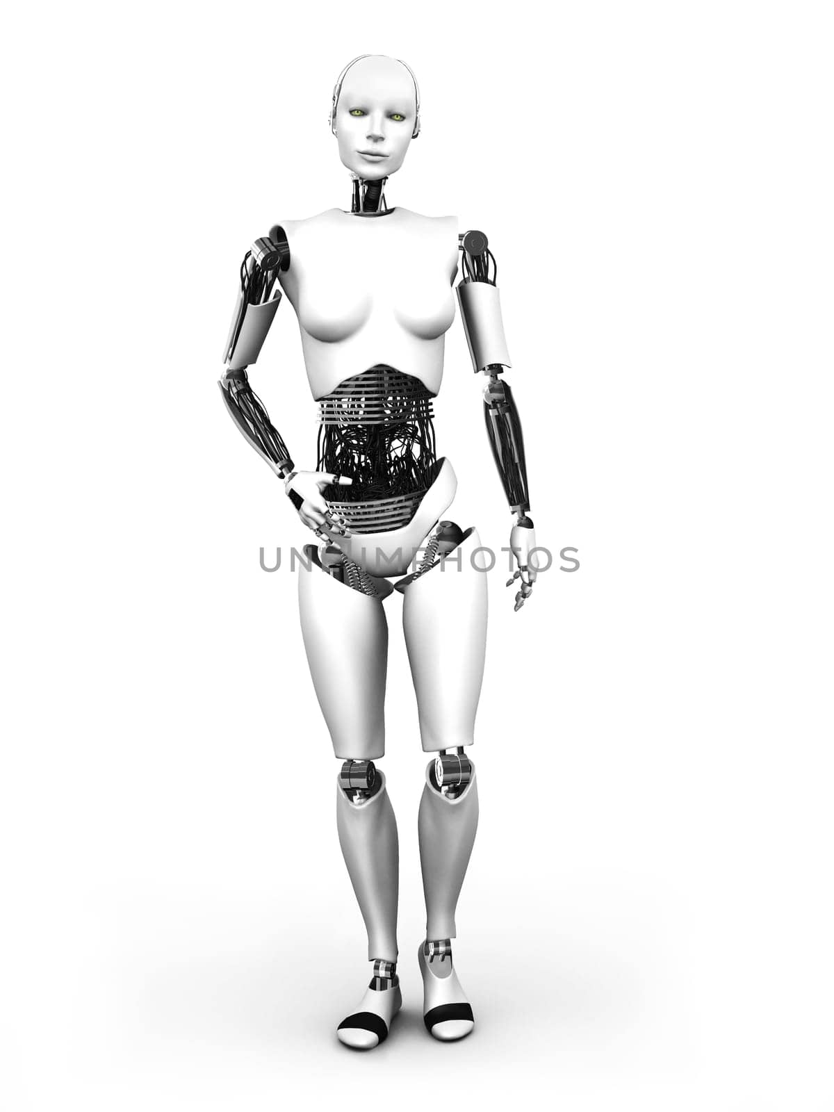 A full body image of a robot woman standing. White background.