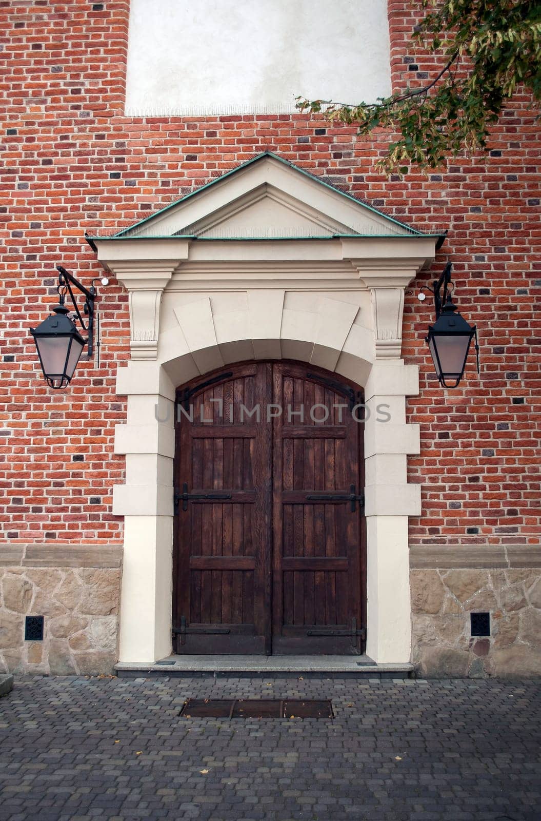 Antique wooden building front door.