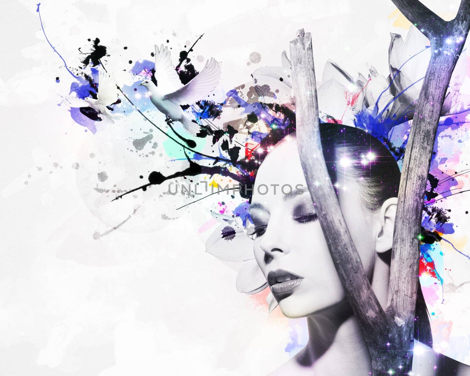 Abstract design of a beautiful woman with doves and ink stains