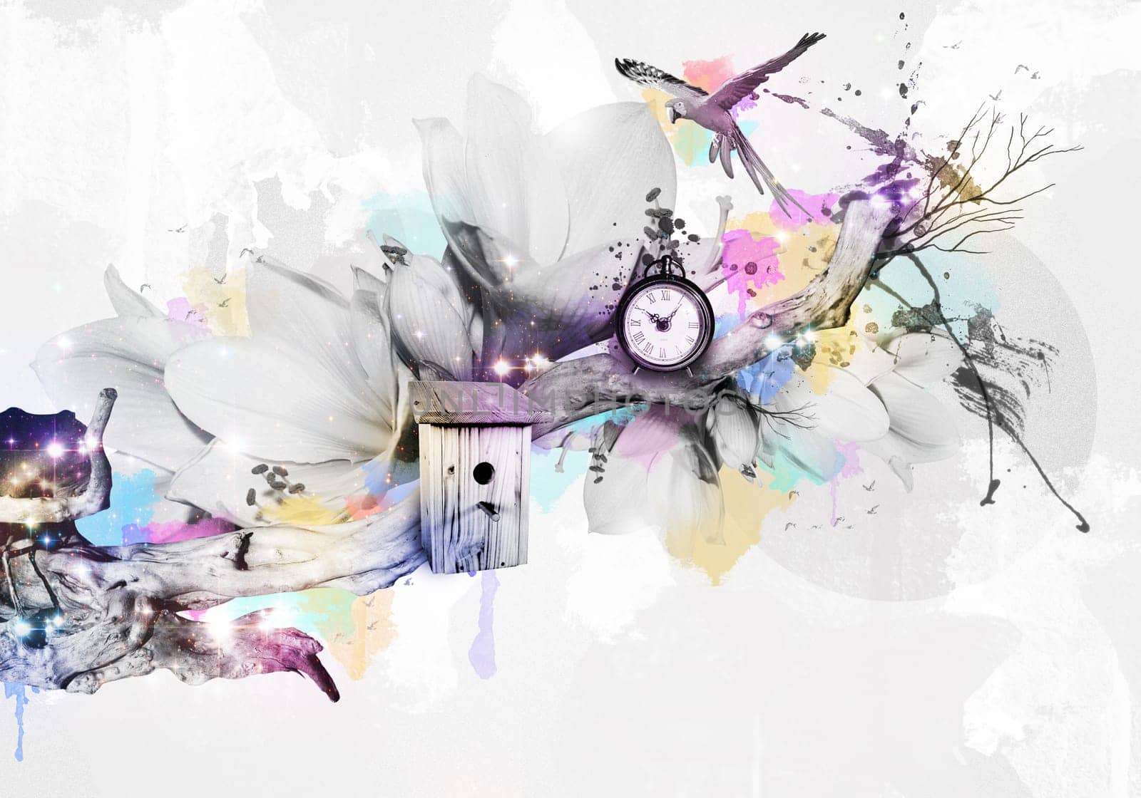 Abstrakes design with parrot and alarm clock