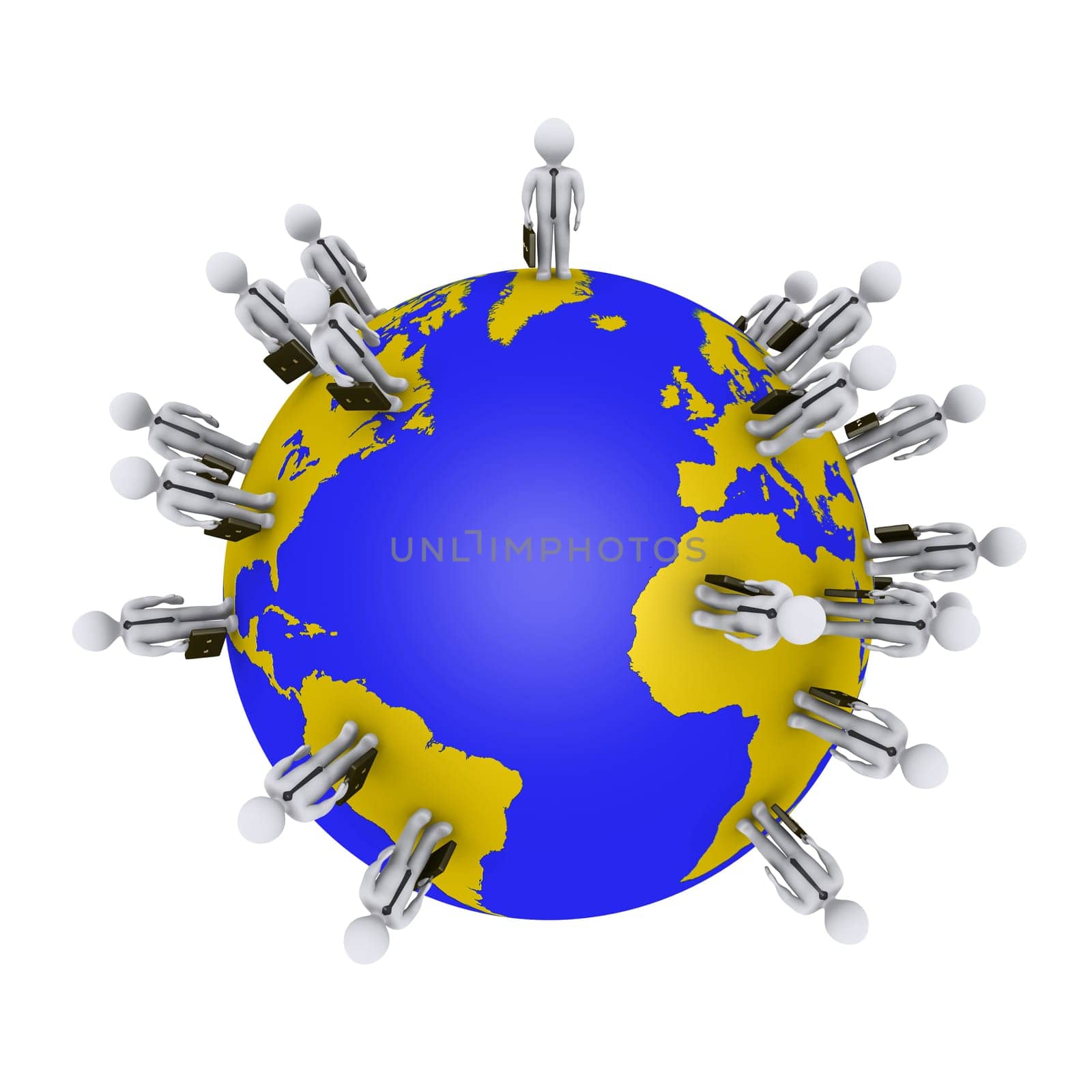 3d businessmen are standing around the globe