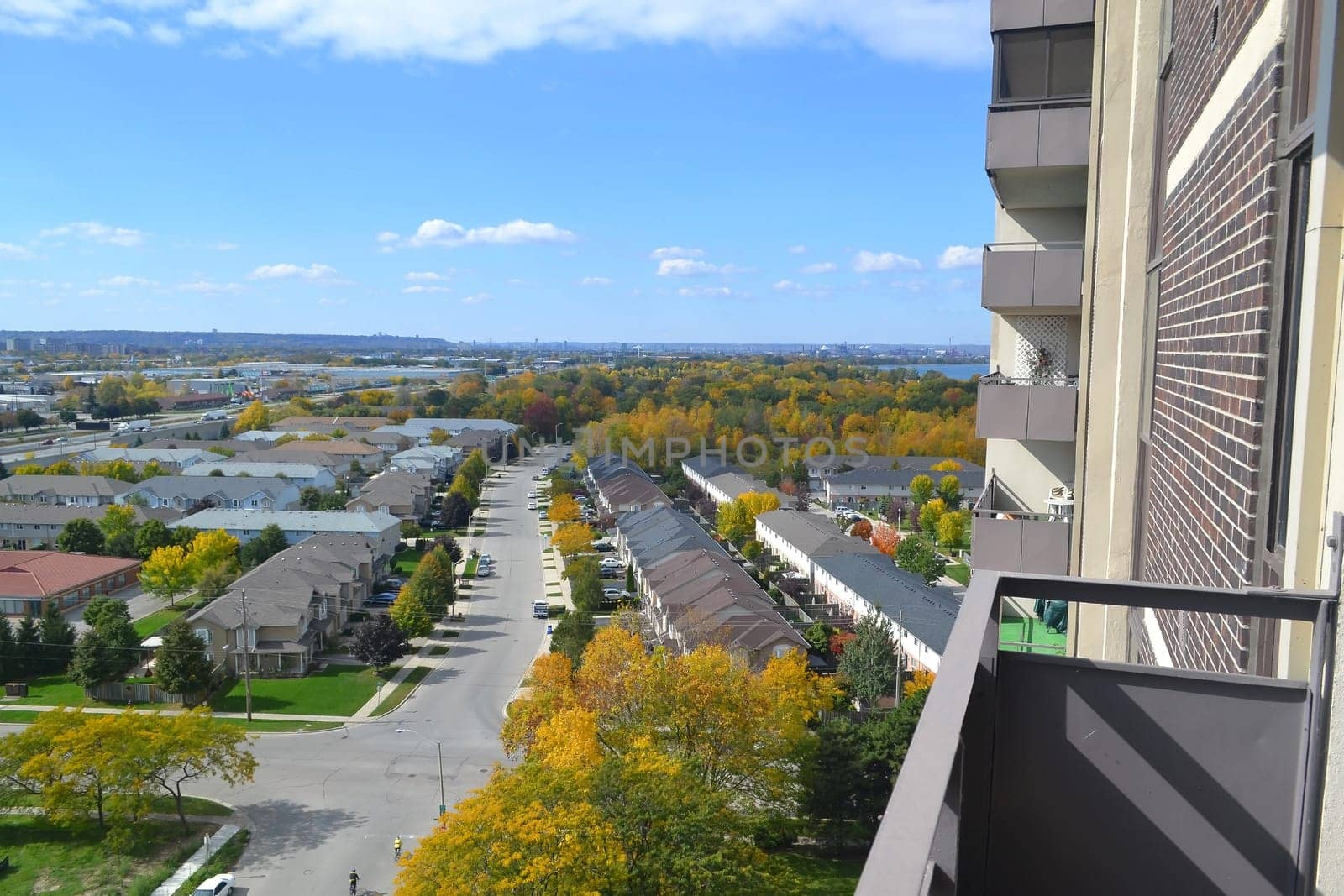 The view from the 15th floor of an condominium high rise building of the surrounding single homes area.