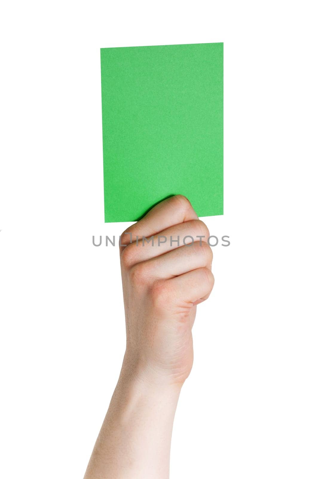a hand holding a green tag, voting or electing, isolated