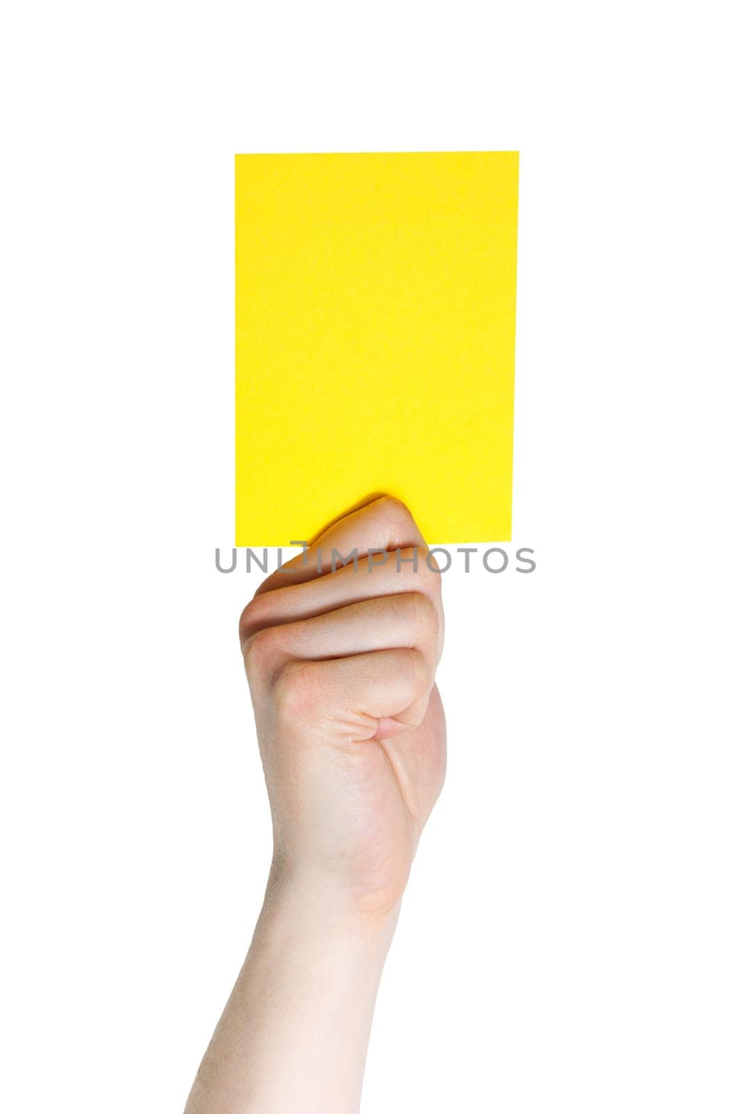 hand holding a yellow card (sports), isolated on white