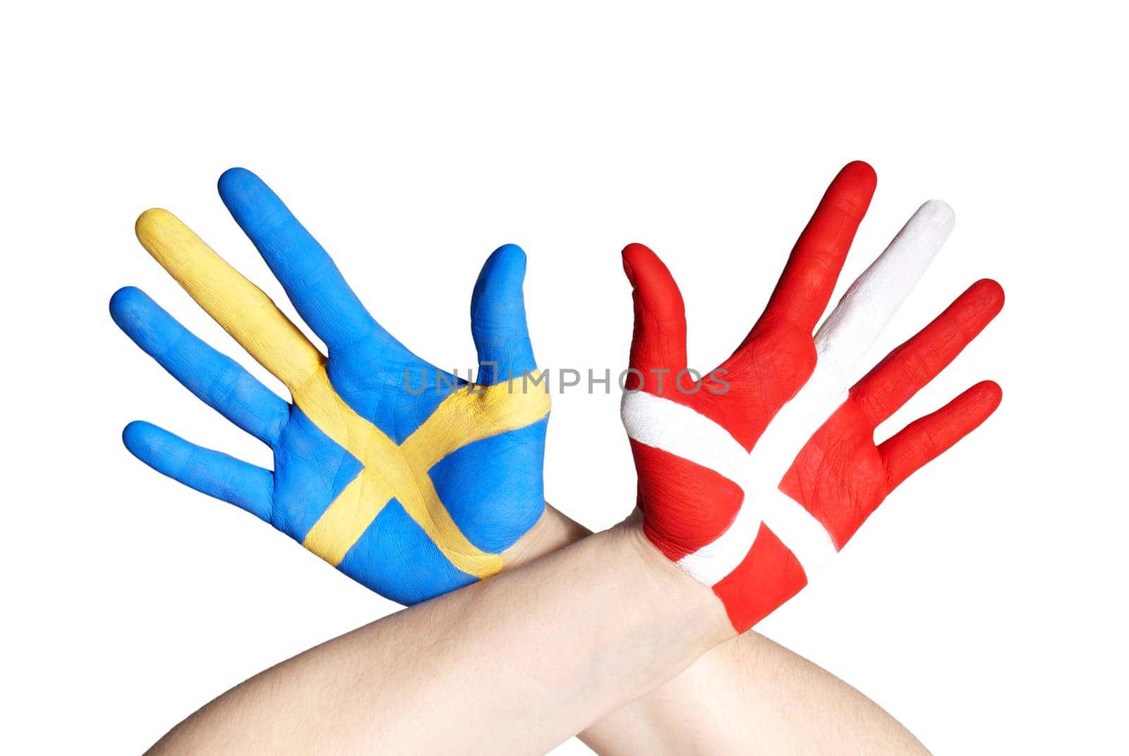 a danish and a swedish painted hand, isolated on white