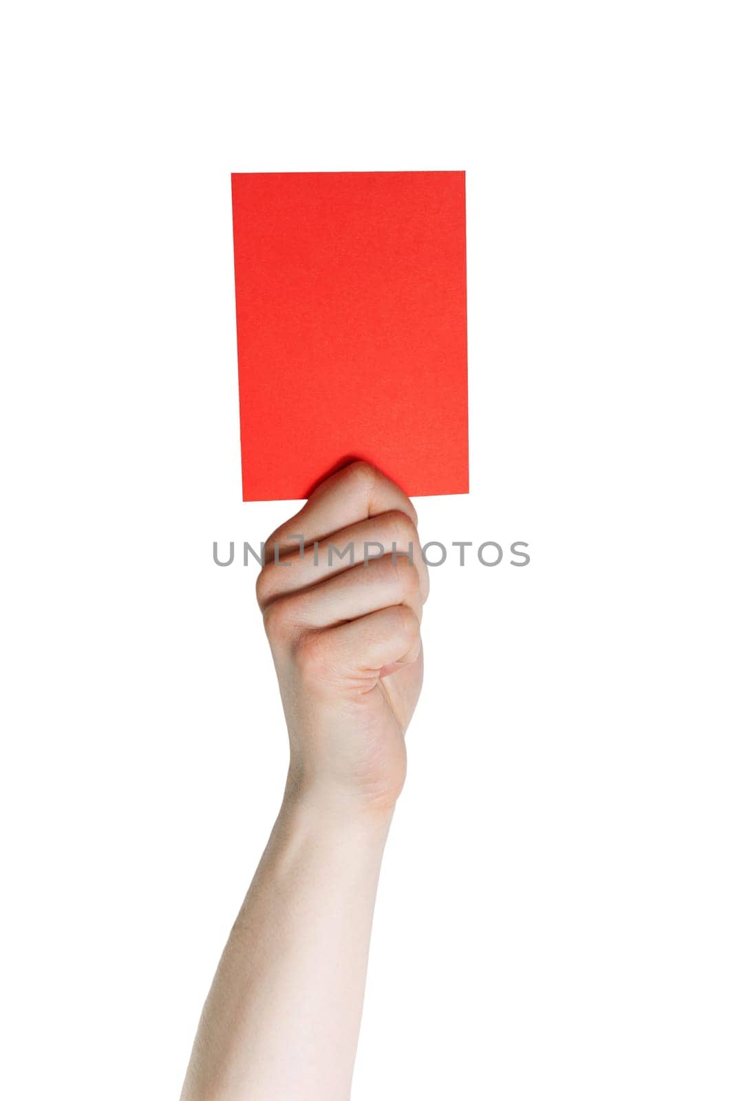a hand holding a red card, isolated on white