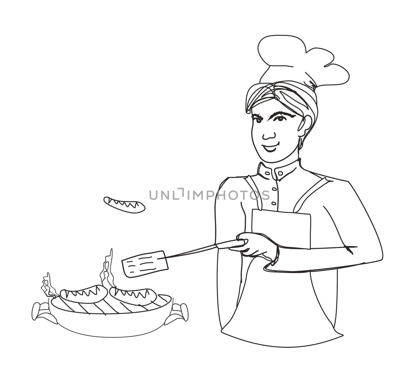 Cartoon Male dressed in grilling attire cooking meat.Barbecue icon vector set