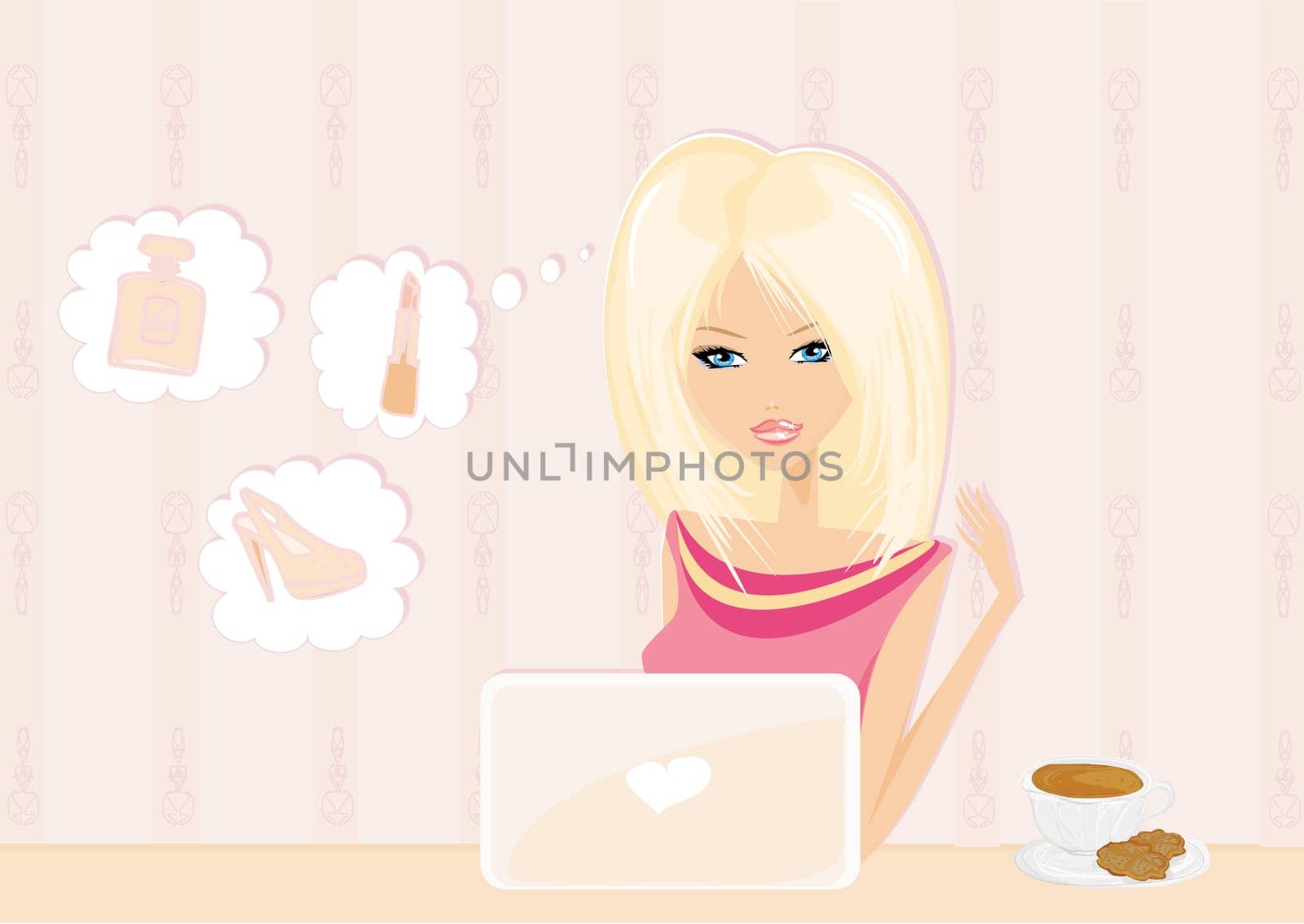 Online shopping - young smiling woman sitting with laptop computer