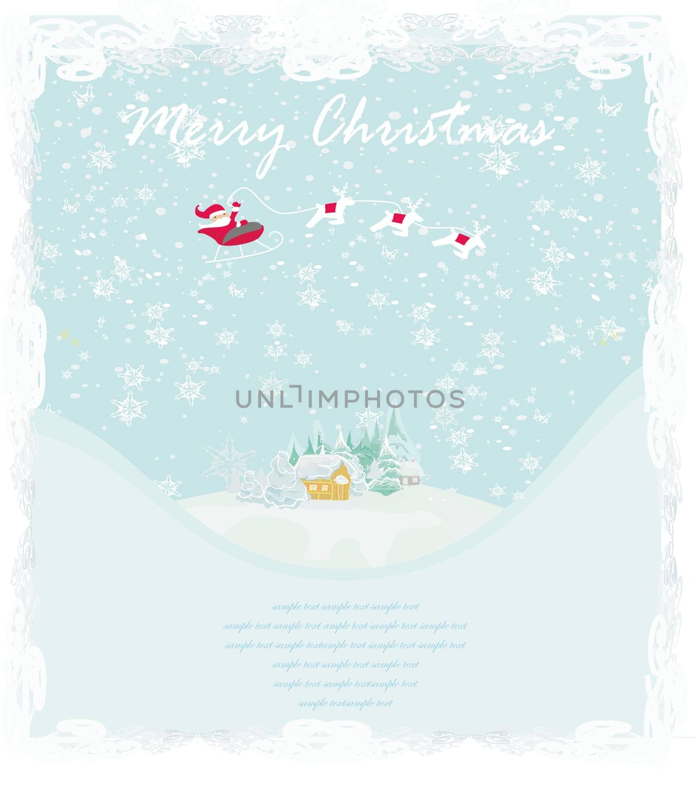 Happy New year card with Santa above village and winter landscape