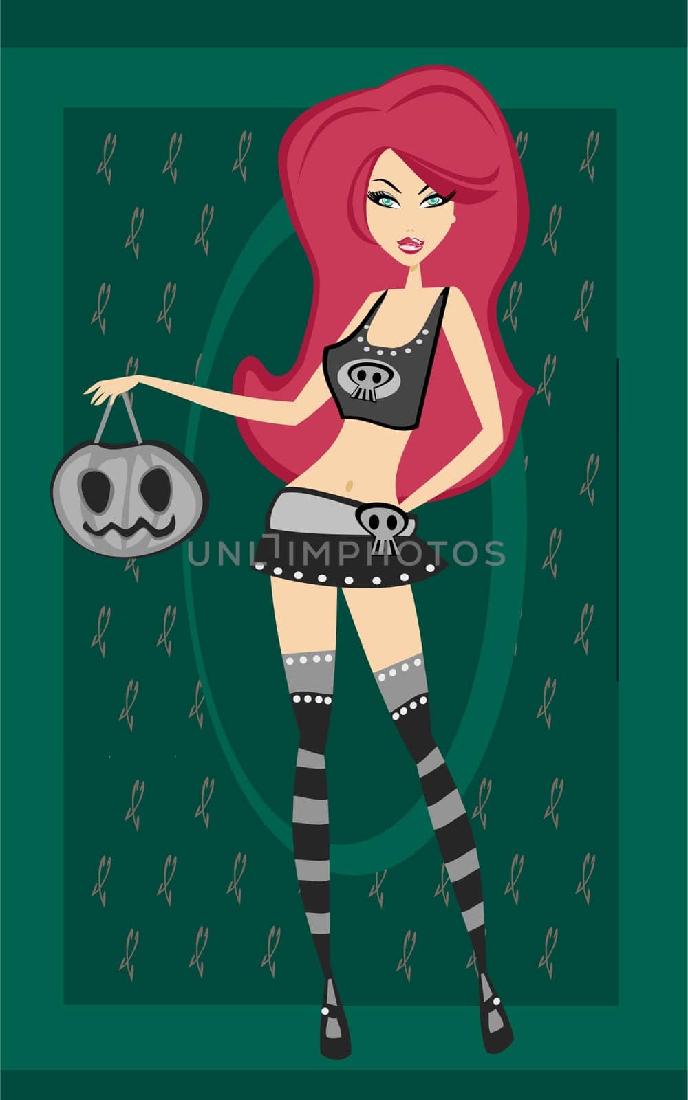 Halloween witch standing with pumpkins