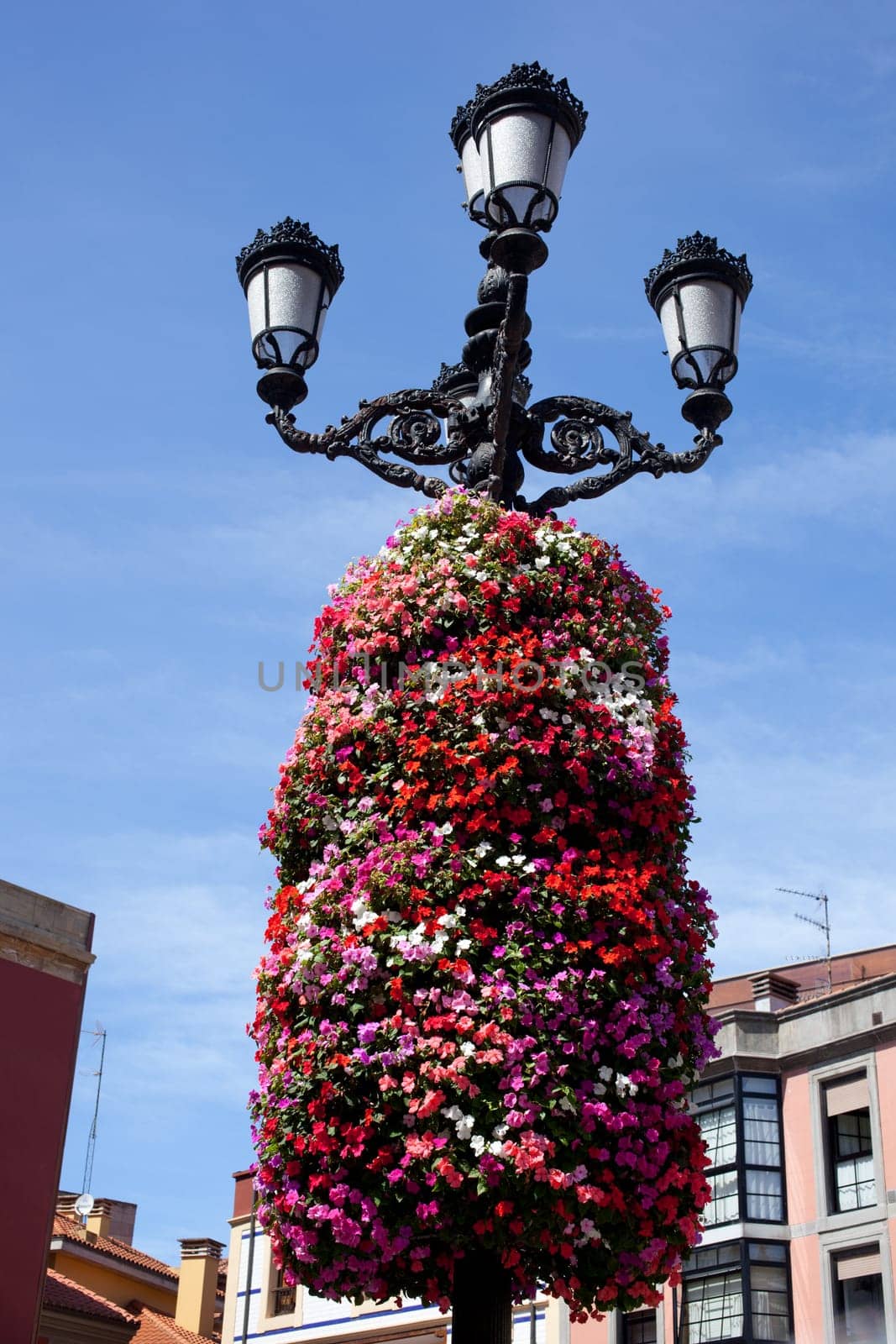 Flower decoration on a street light in Gijon, Asturias