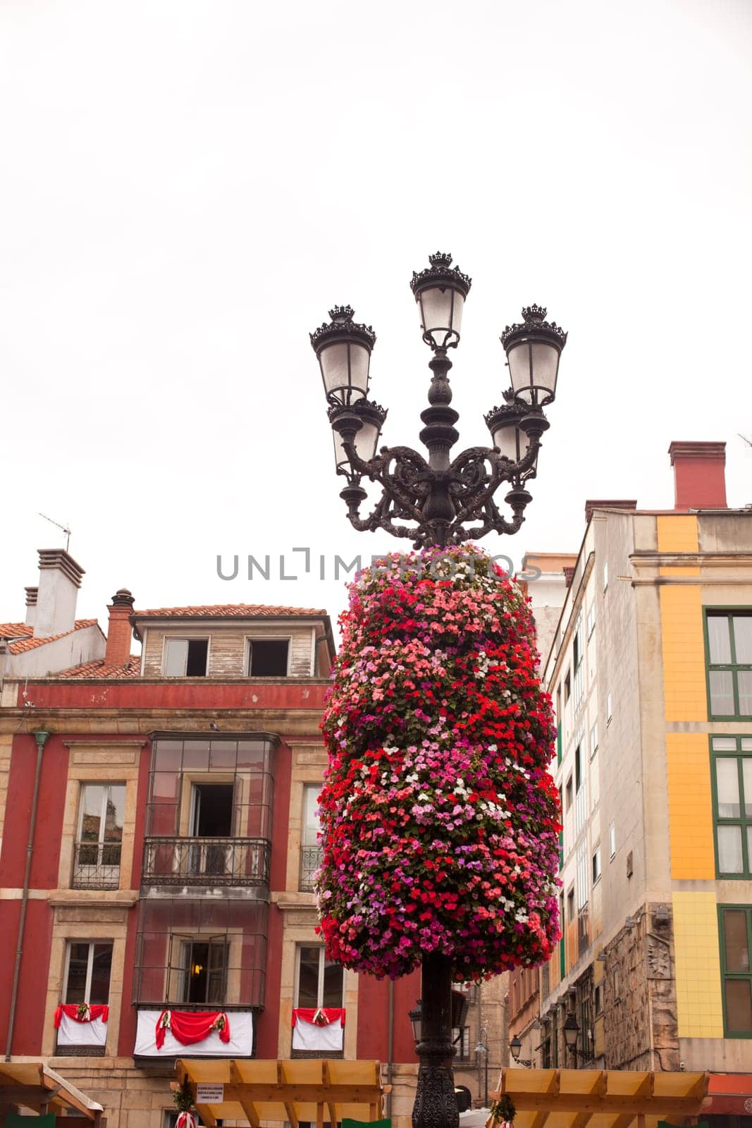 Flower decoration on a street light in Gijon, Asturias