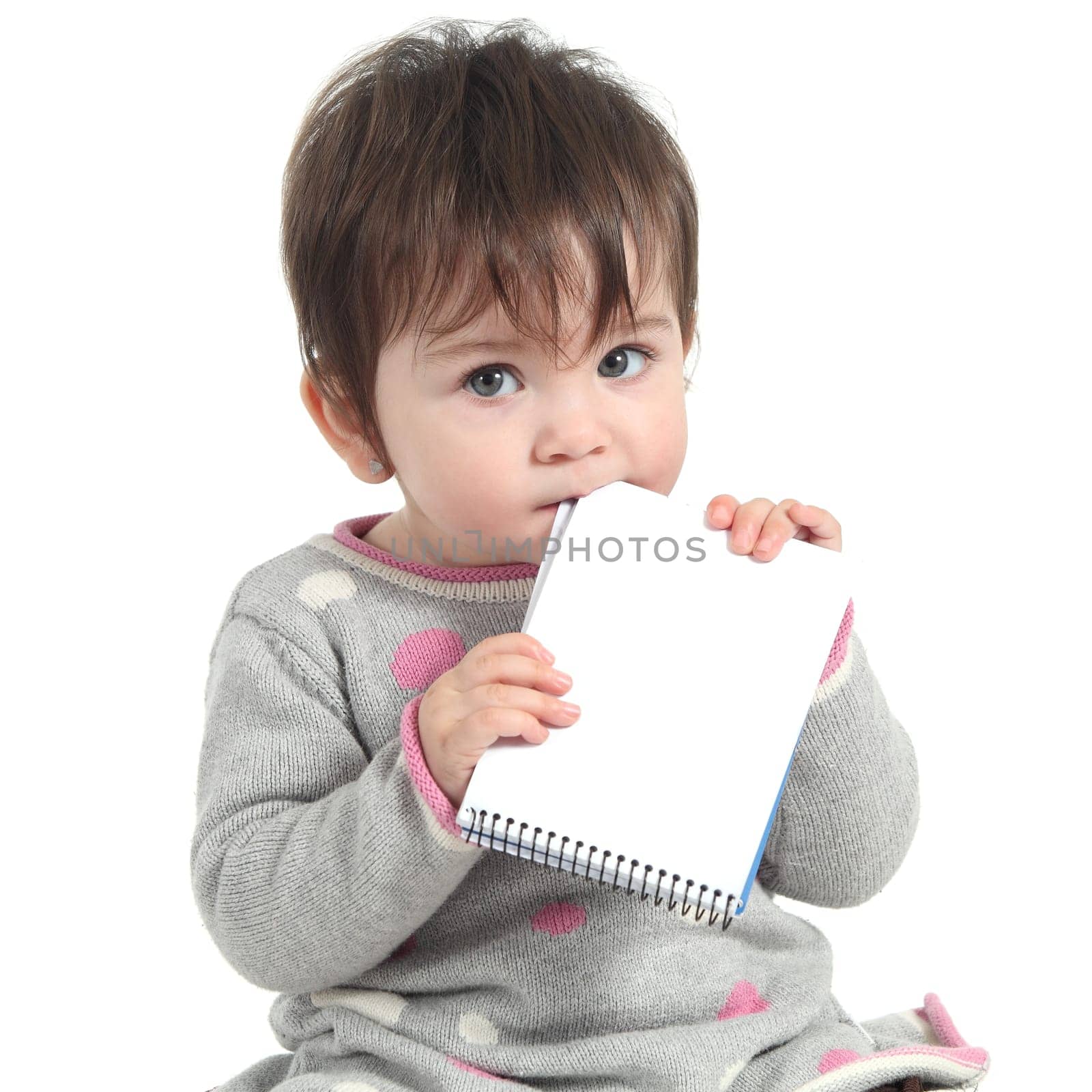 Baby holding and biting a blank notebook on a white isolated background