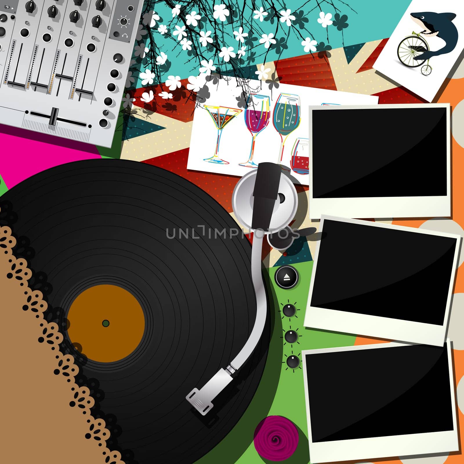 Scrapbook, collage design for dj a party. Abstract music theme background.