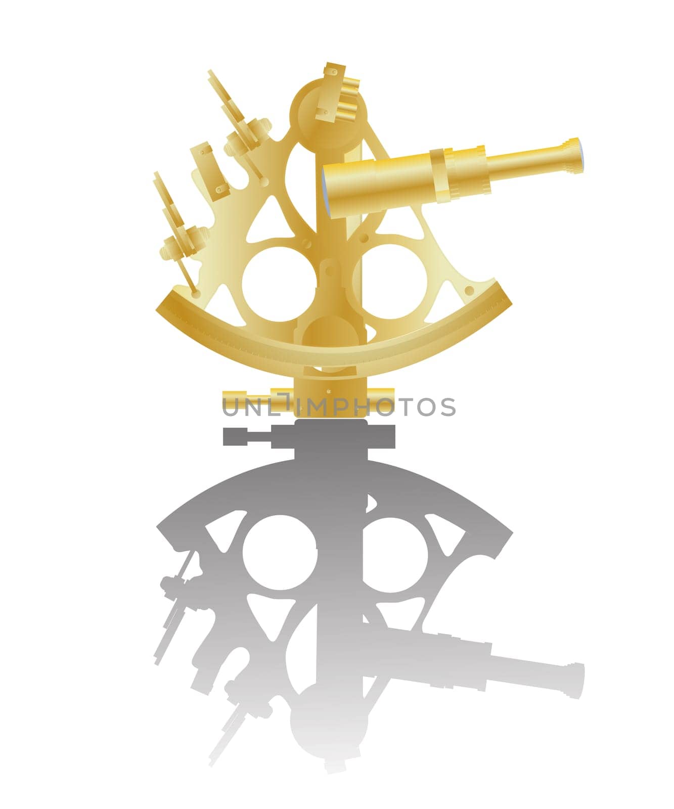Illustration of a golden sextant instrument and reflection against white background