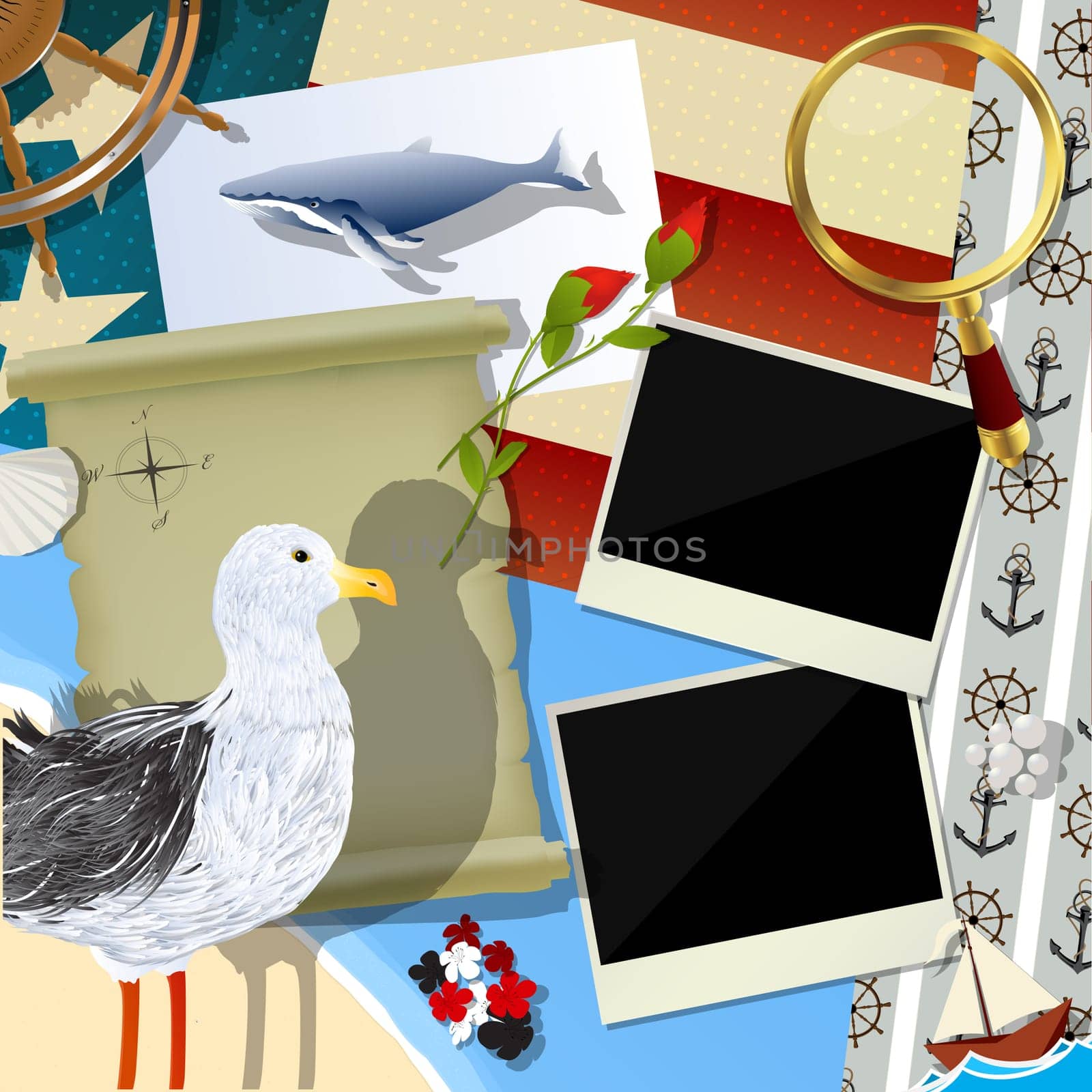 Sailor abstract collage with seagul and vintage photo frames