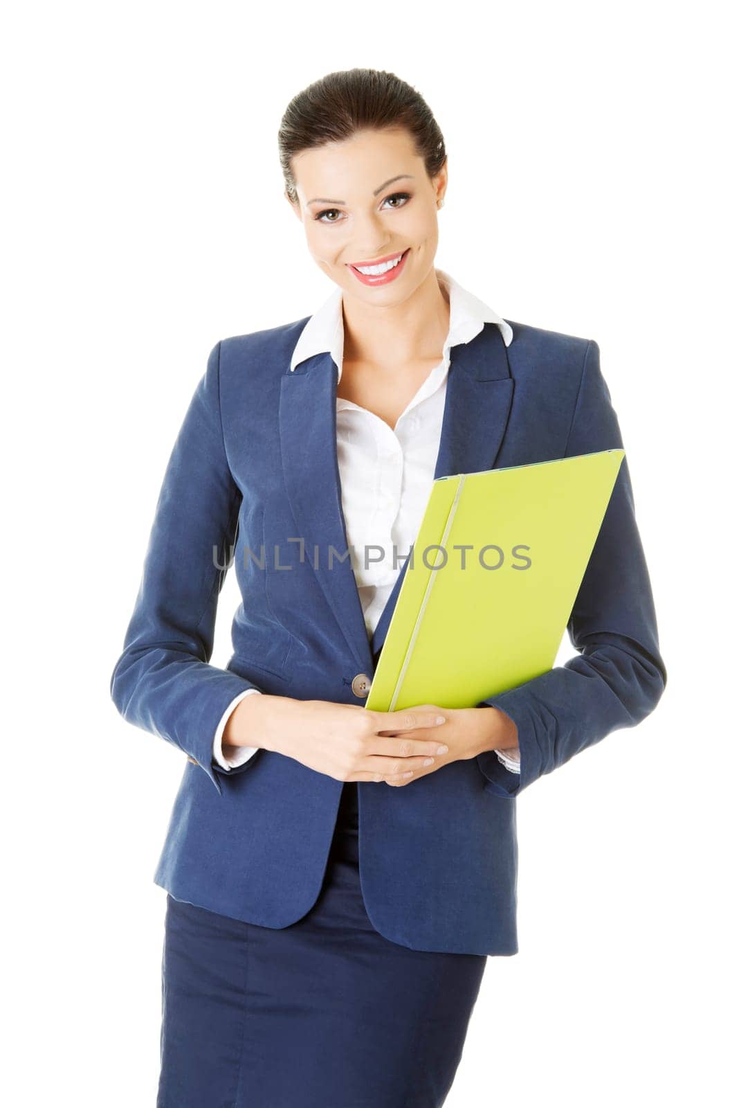 Attractive happy businesswoman, isolated on white
