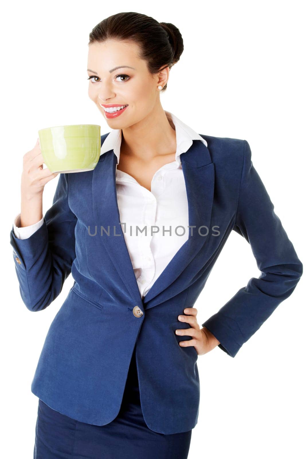 Business woman with big mug - break time