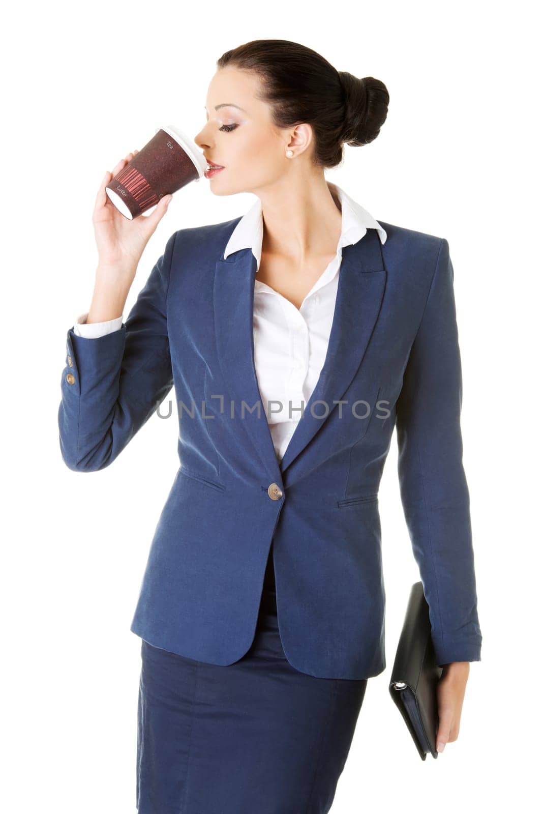 Business woman with cartoon mug - coffee time