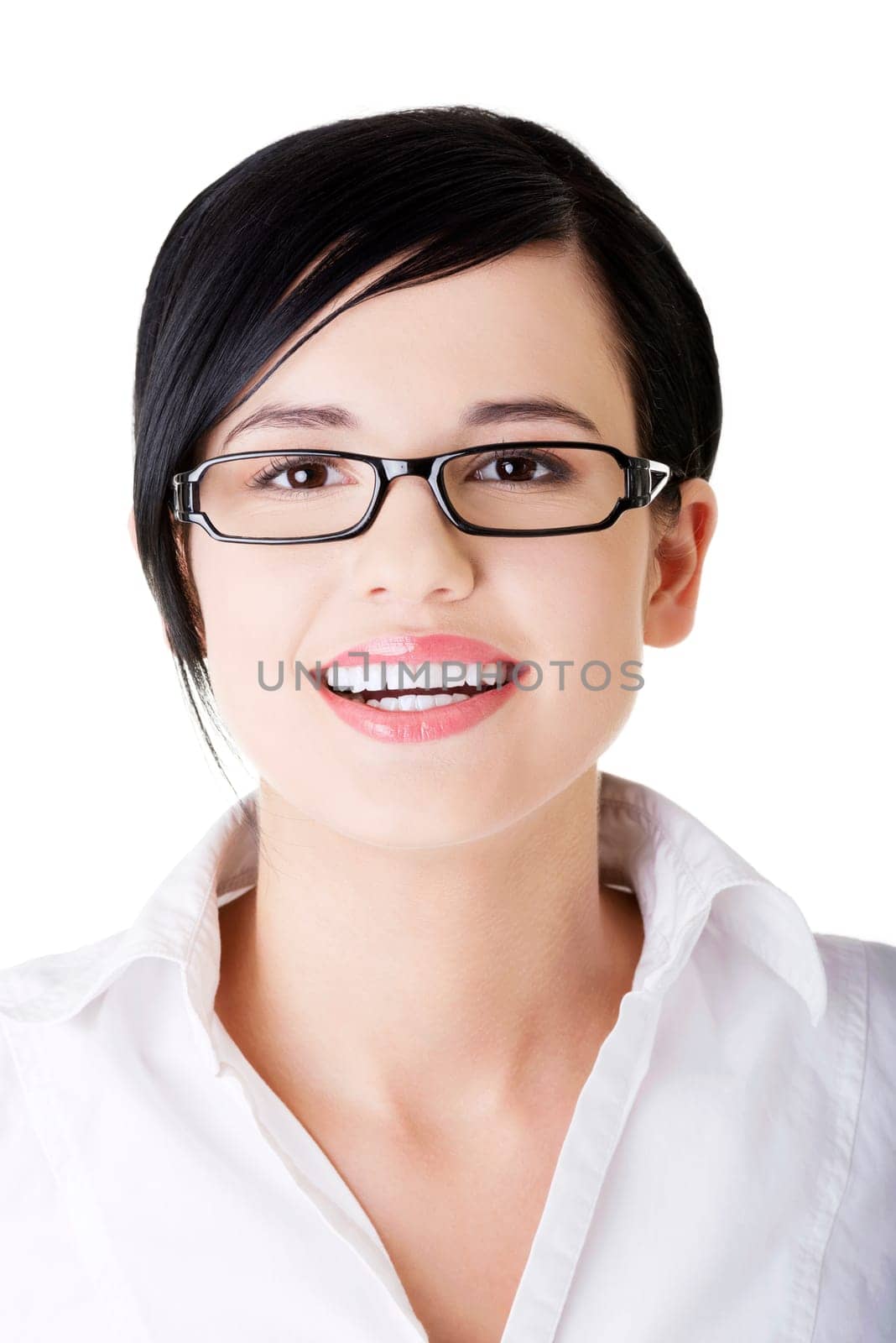 Young happy businesswoman portrait, isolated on white