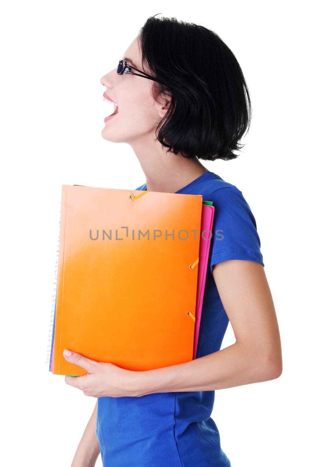 Happy student woman with notebooks, isoalted on white background