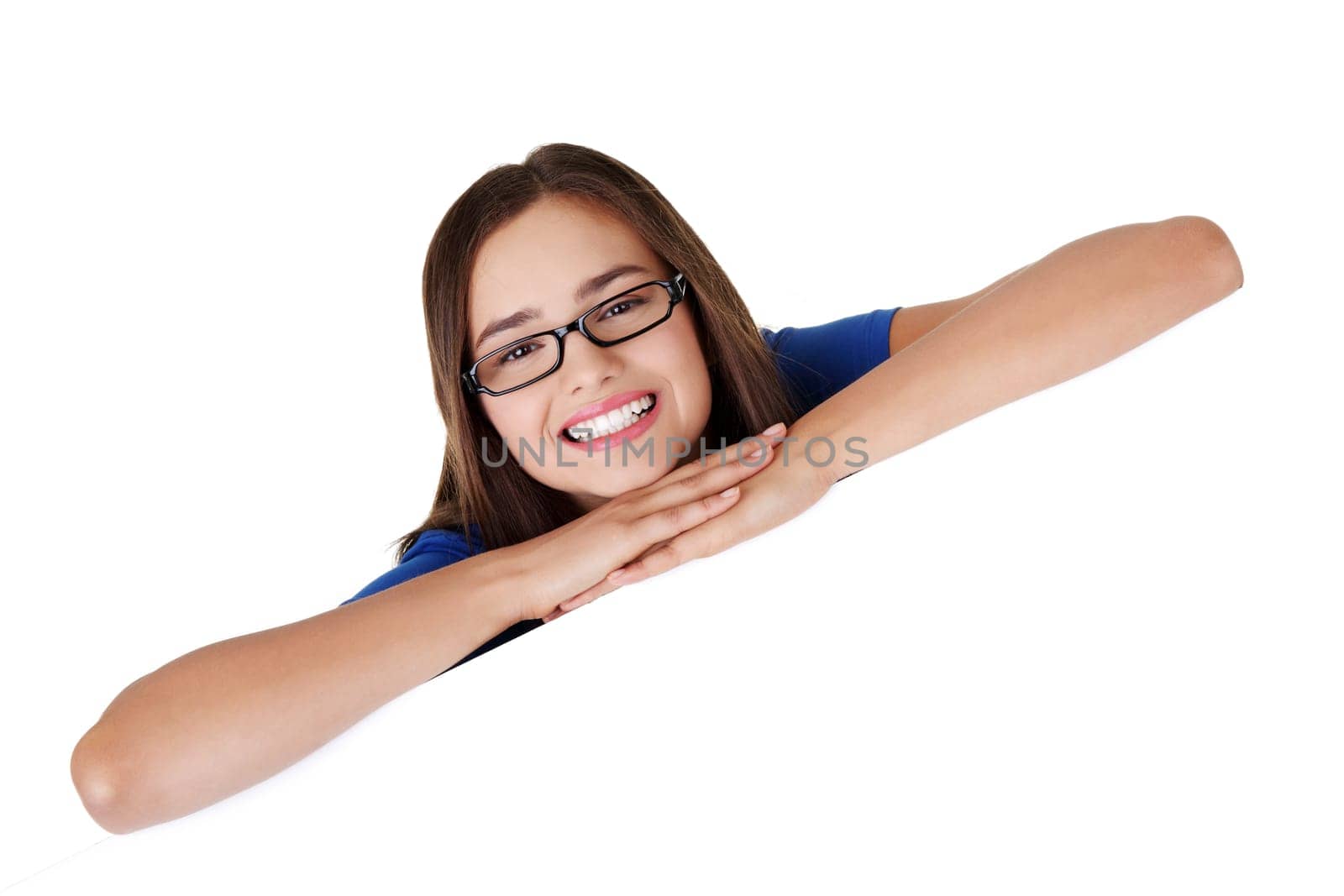 Portrait young happy woman with blank board , isoalted on white