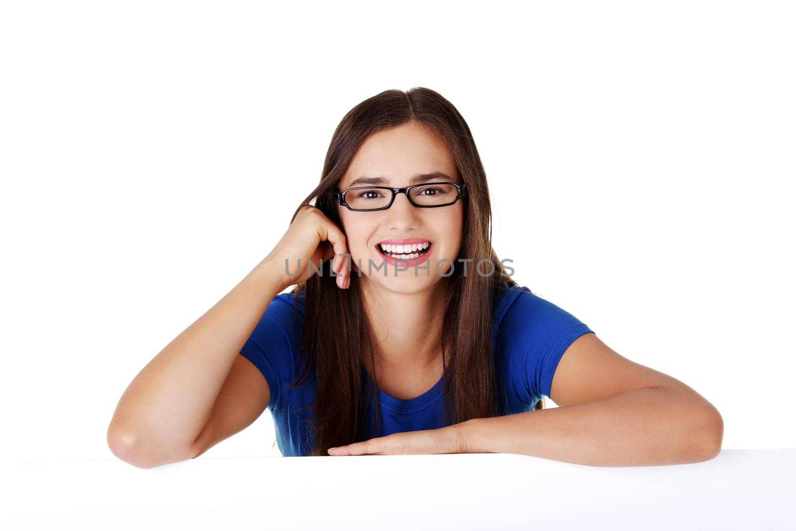 Portrait young happy woman with blank board , isoalted on white