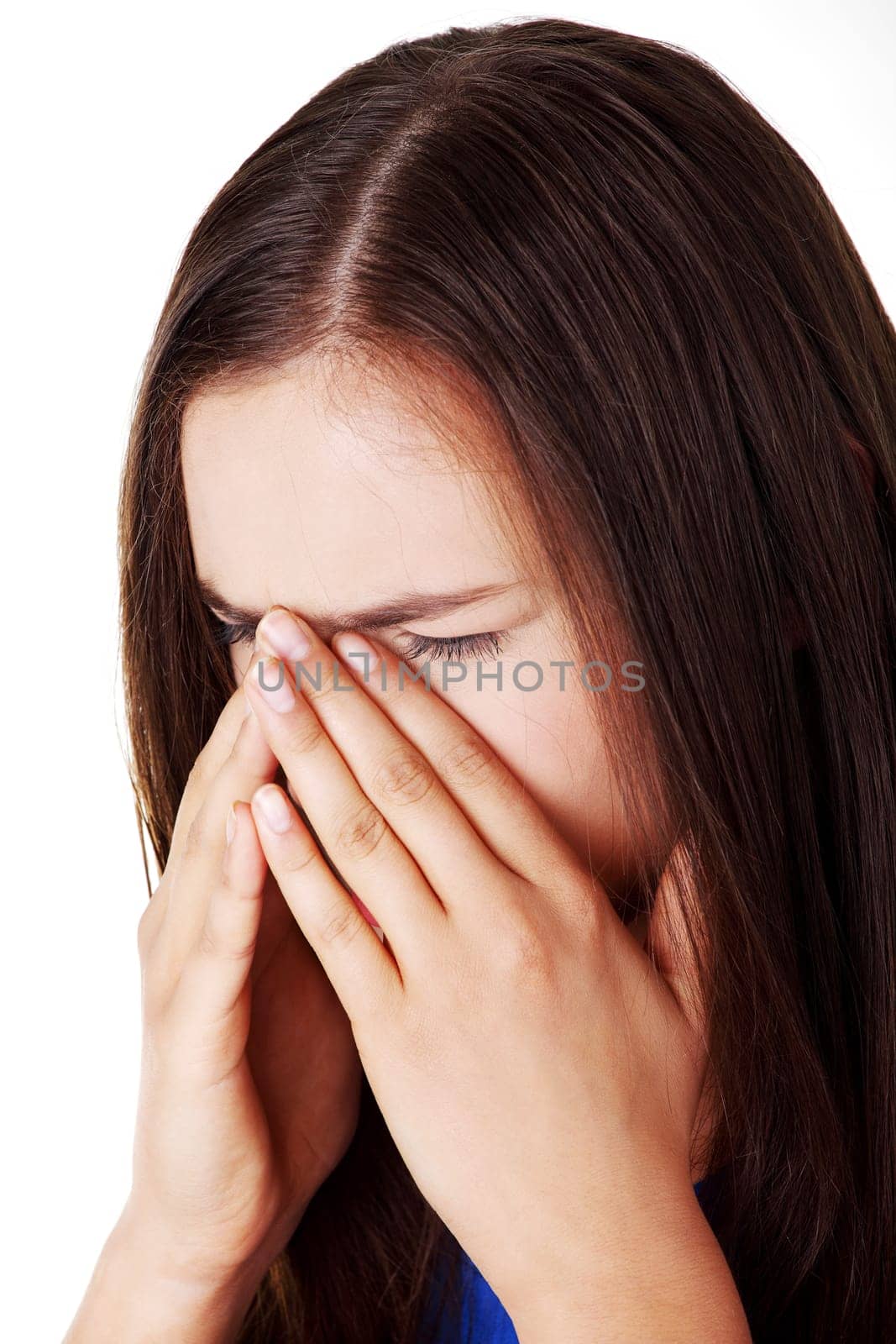 Young teen woman with sinus pressure pain