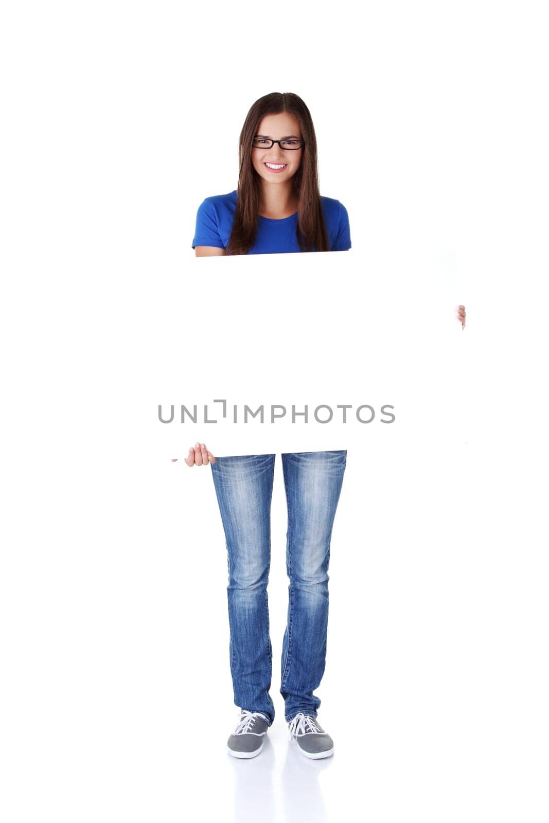 Portrait young happy woman with blank board , isoalted on white