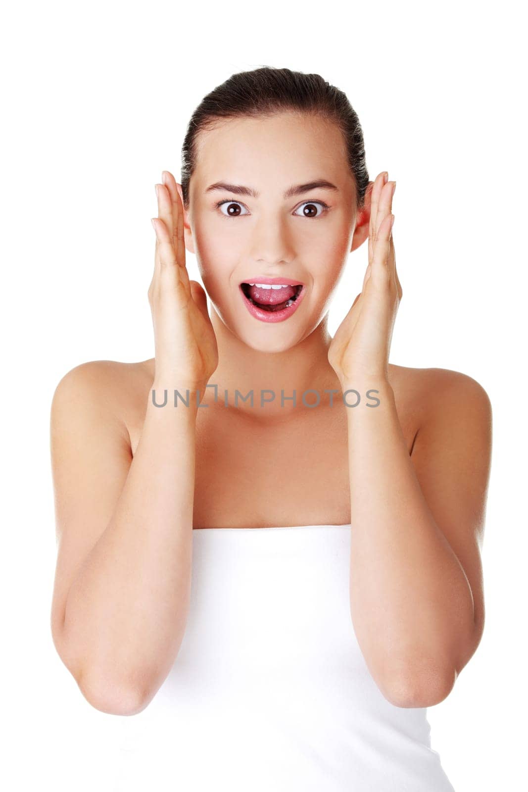 Shocked and excited teen woman, isolated on white
