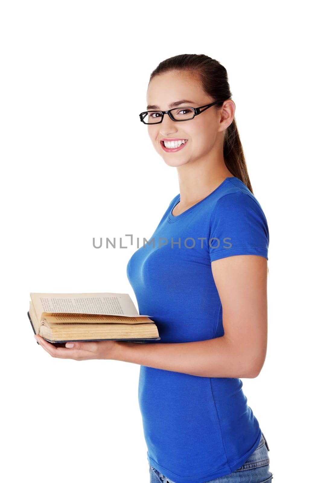 Teen woman reading book , isolated on white background