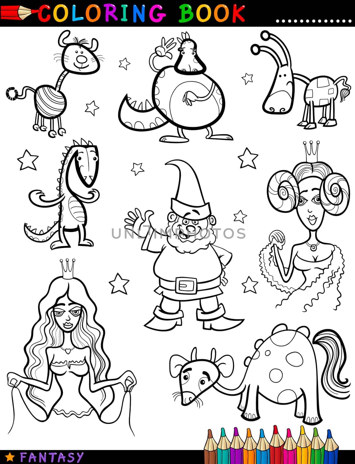 Coloring Book or Page Cartoon Illustration of Queen, Princess, Dwarf or Gnome, Creatures and Dragon Fairytale Fantasy Characters