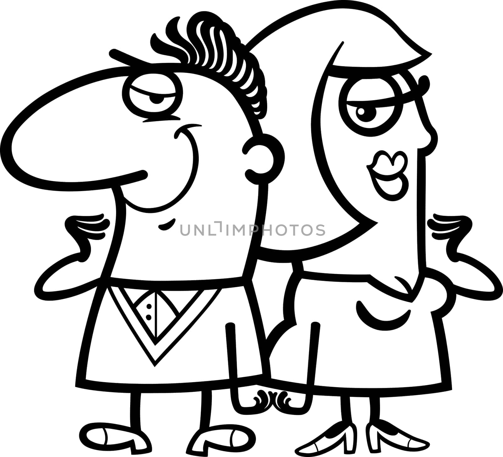 Black and White Cartoon Illustration of Cheerful Man and Woman Couple in Love for Coloring Book