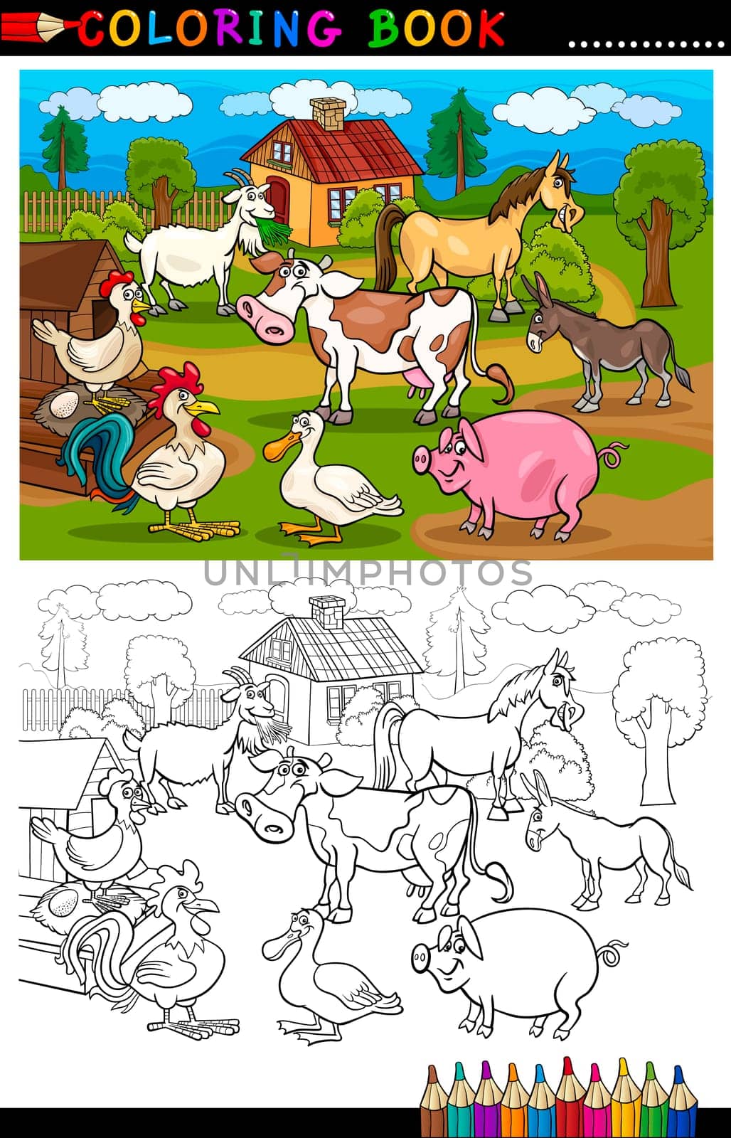 Coloring Book or Coloring Page Cartoon Illustration of Funny Farm and Livestock Animals for Children Education