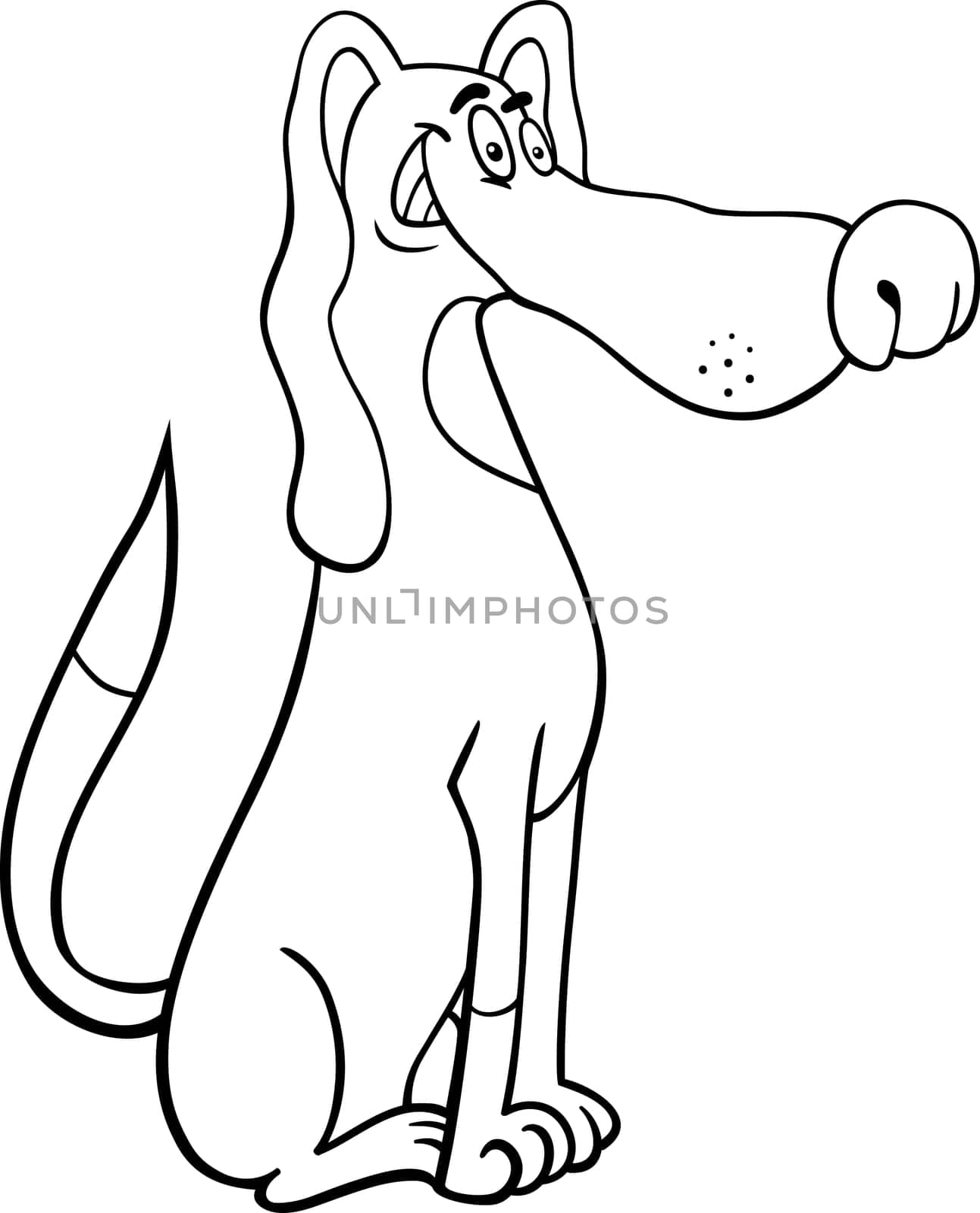 Black and White Cartoon Illustration of Funny Sitting Spotted Dog for Coloring Book