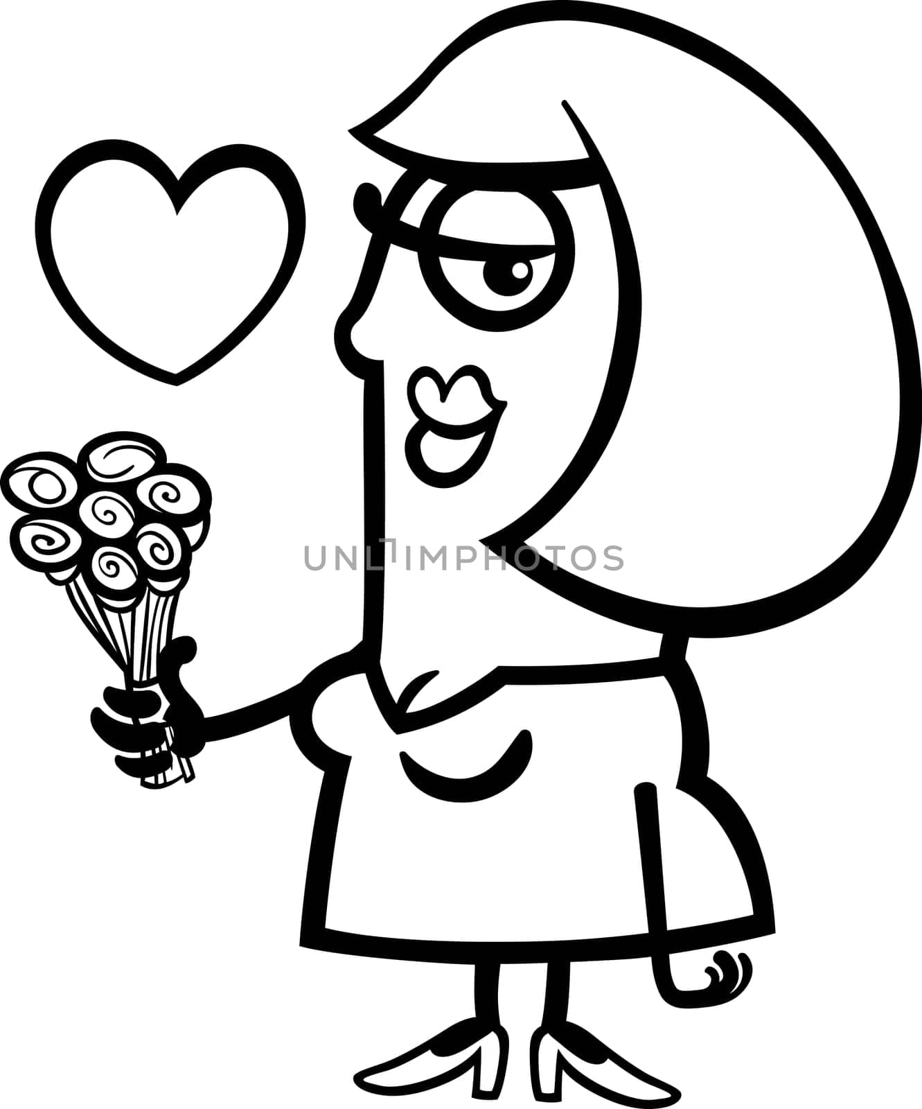 Black and White Cartoon Illustration of Happy Woman in Love with Flowers