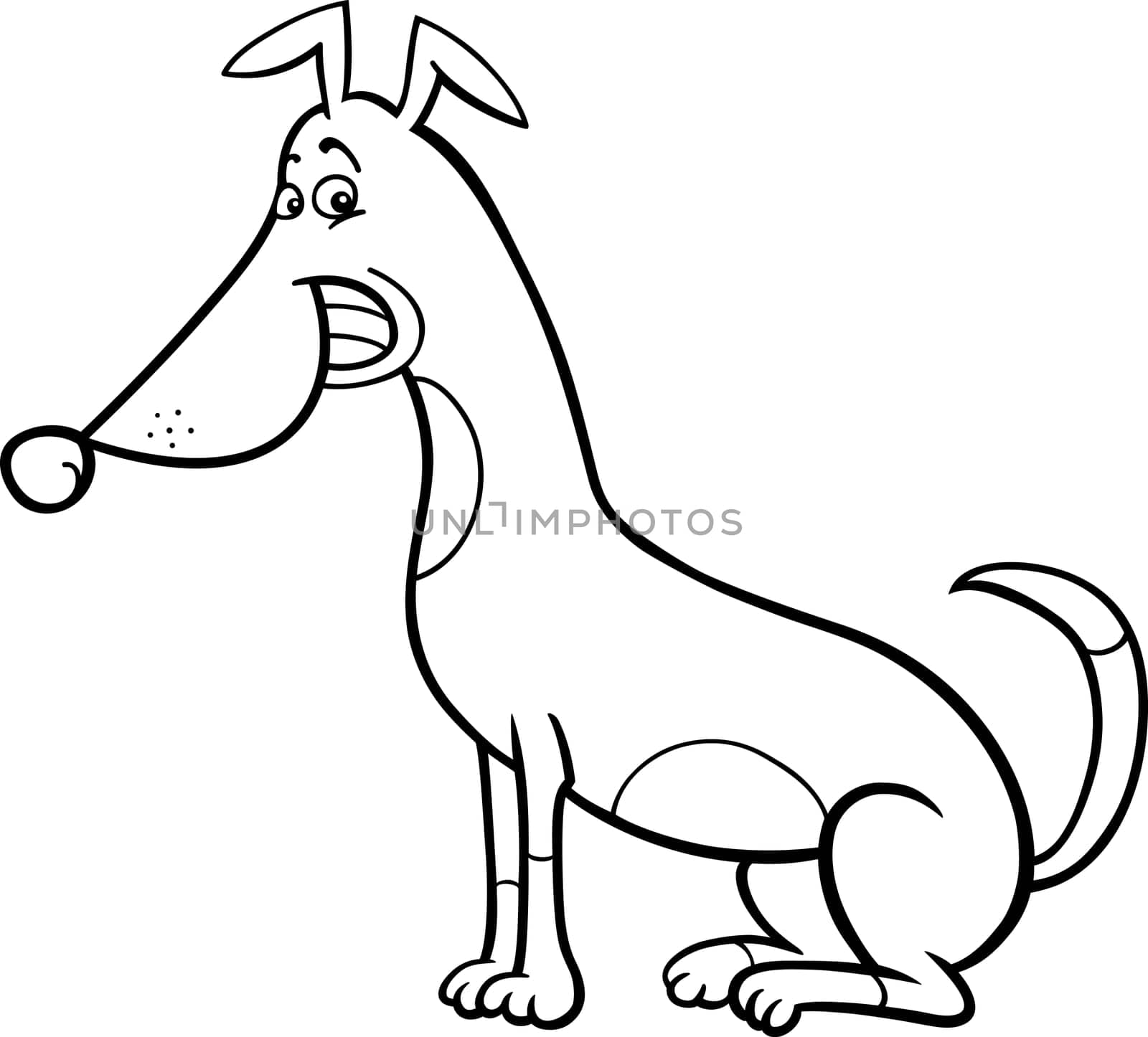 Black and White Cartoon Illustration of Funny Sitting Spotted Dog for Coloring Book
