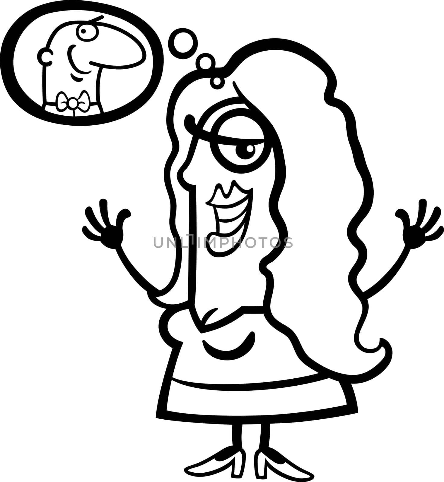Black and White Cartoon Illustration of Happy Woman in Love Thinking about Man