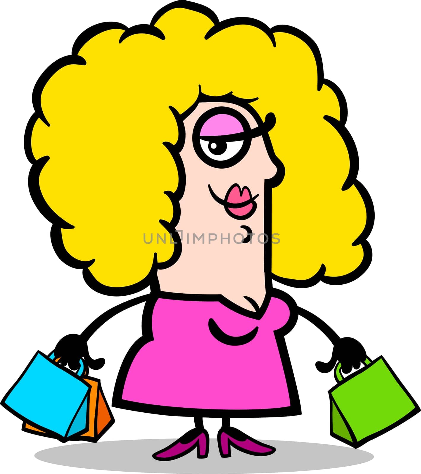 Cartoon Illustration of Happy Woman with Shopping Bags