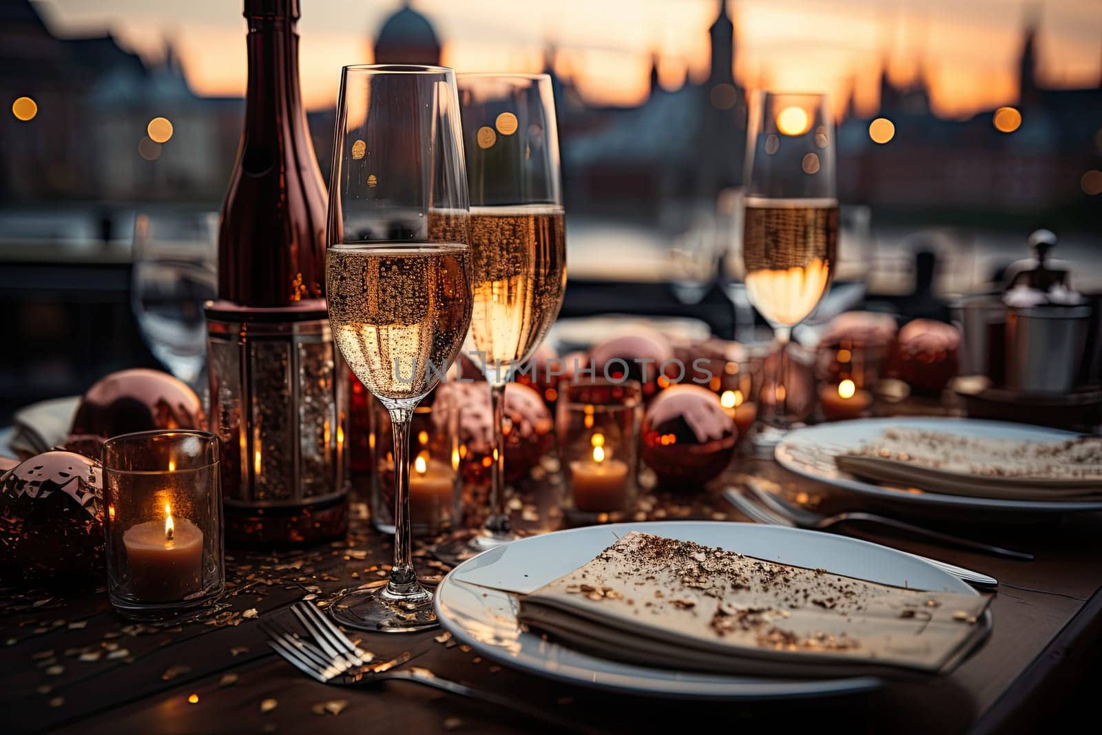 a table setting with wine glasses, plates and uts on it in front of a view of the city