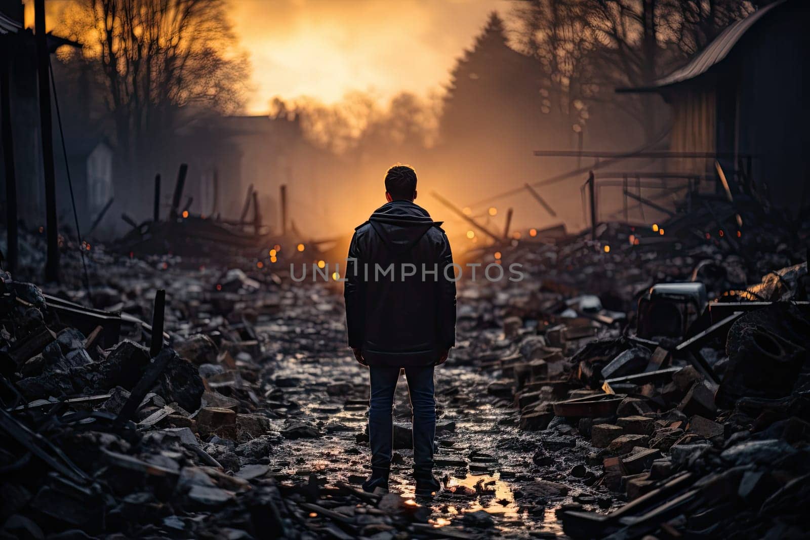 a man standing in the middle of a devastated neighborhood at sunset, with debris scattered on the ground and buildings all around him