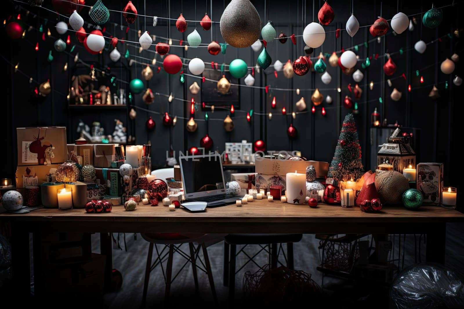 an office decorated for christmas with lights and decorations hanging from the ceiling, on a wooden table in front of a laptop
