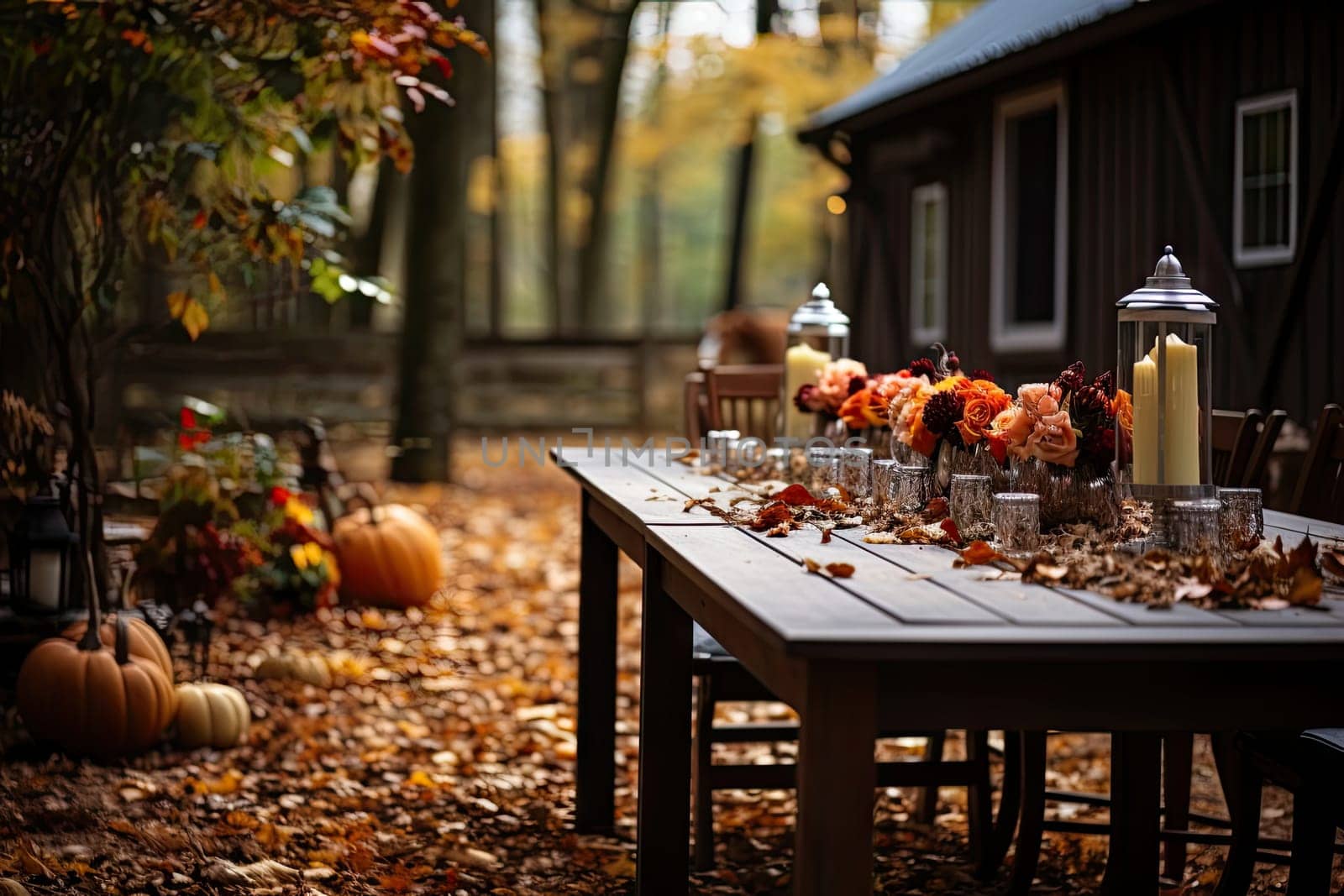 a table with candles and pumpkins on it in the leaves are all over the table, along with other autumn decorations