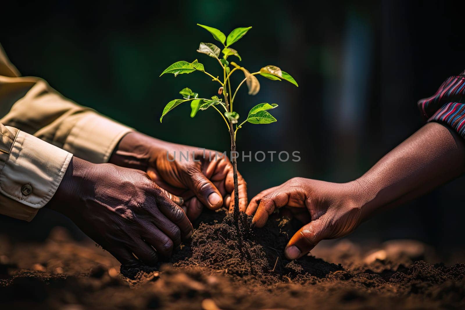 two people holding hands and planting a plant in the ground, with one person's hand on the ground