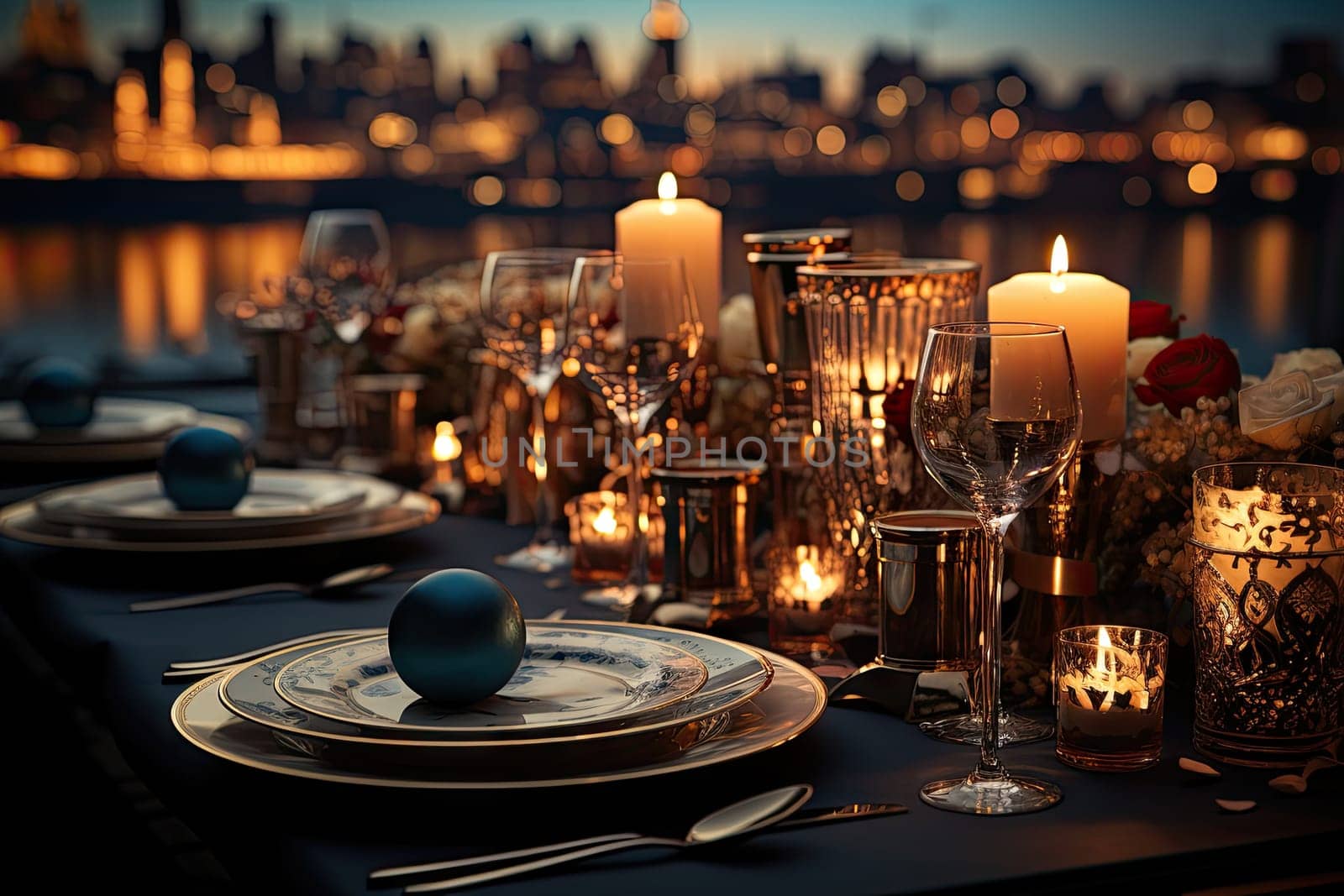 a table setting with candles, plates and uts on it in front of a city skyline at night time