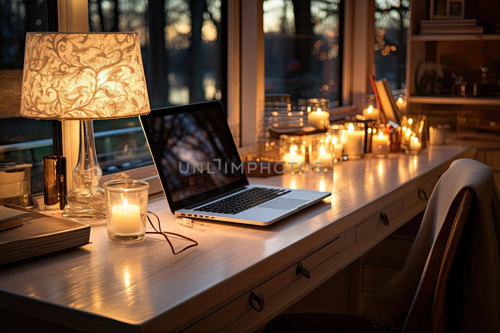 a laptop on a desk with candles in front of it and a lit candle next to the table that is beside