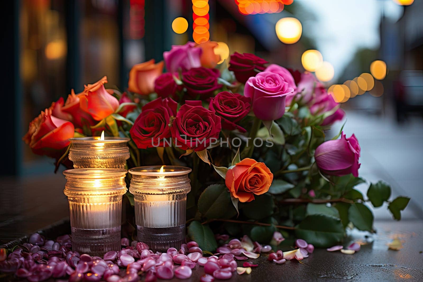 some flowers and candles on the ground with blurry lights in the background, as if they are still there