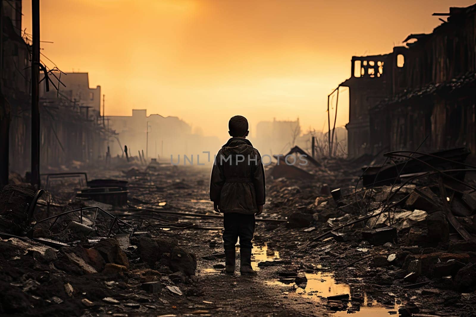 a person standing in the middle of a destroyed street with buildings and debris all around him, as the sun sets behind them